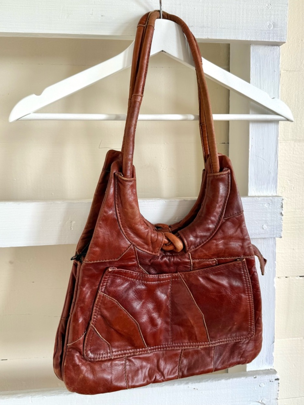 Vintage Leather Shoulder Bag 1970s patchwork, hobo cinnamon leather purse